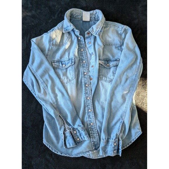 Light Chambray Blue Denim Button Down Shirt Women Western Cowgirl Slim Aughts - Picture 14 of 14
